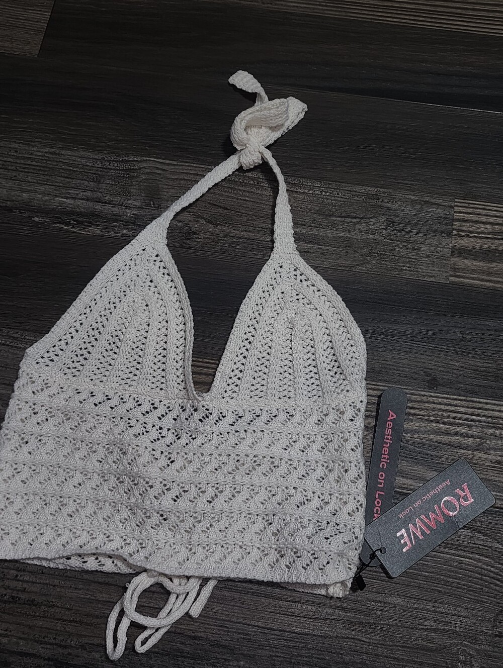NWT Romwe Cropped Halter Top Crochet Medium White Back Tie Boho Festival Y2K